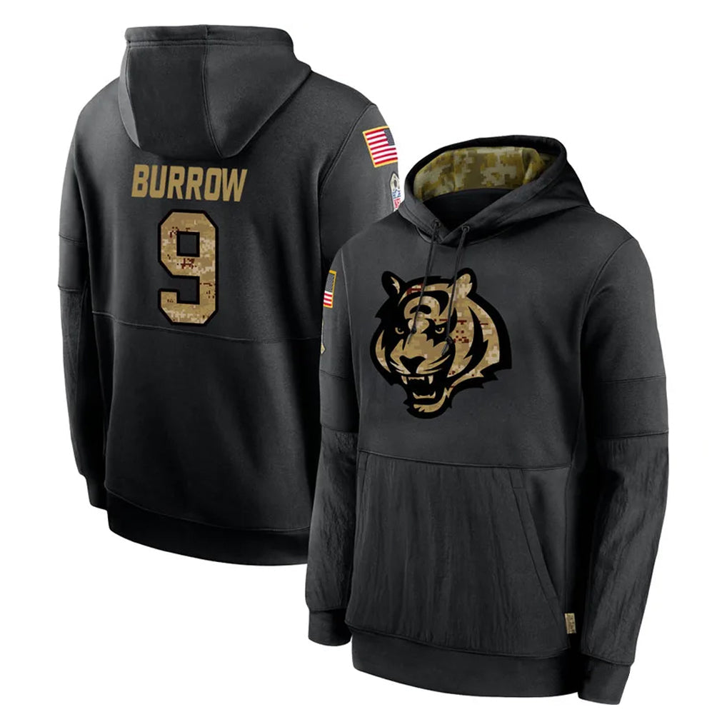 Choea C.Bengals #9 Joe Burrow Player Black Salute to Service Pullover Hoodies Limited Stitched Jerseys