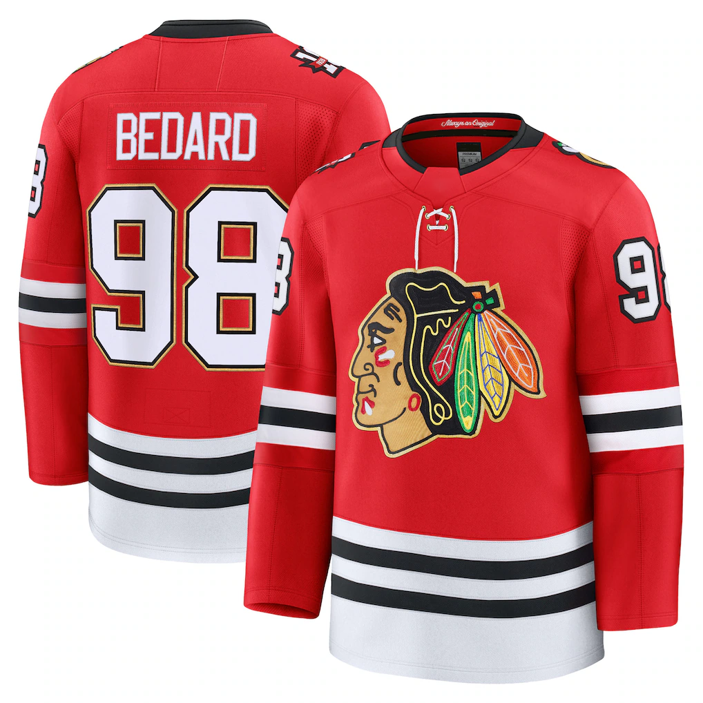 Choea C.Blackhawks #98 Connor Bedard Red Centennial Premium Player Jerseys