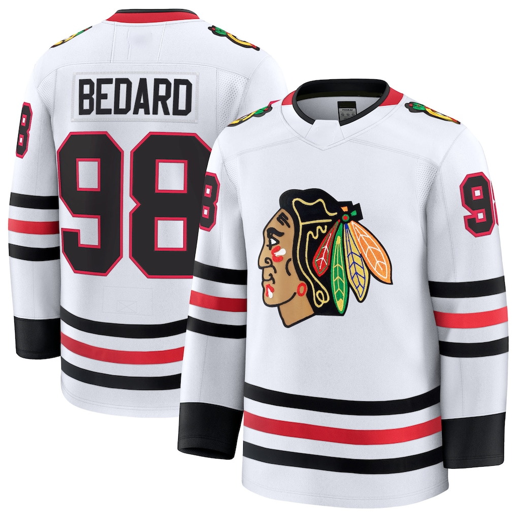Choea C.Blackhawks #98 Connor Bedard White Away Premium Jerseys