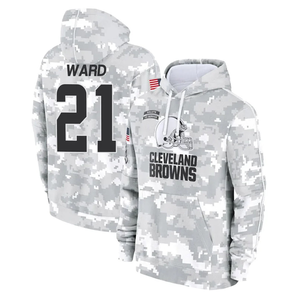 Choea C.Browns #21 Denzel Ward Player Arctic Camo Salute to Service Hoodies Limited Game Stitched Jerseys