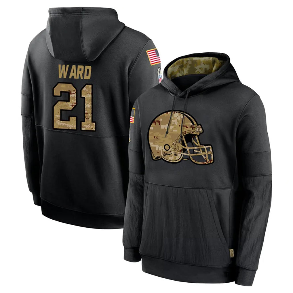 Choea C.Browns #21 Denzel Ward Player Black Salute to Service Pullover Hoodies Limited Stitched Jerseys
