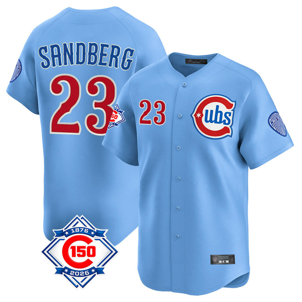 Choea C.Cubs #23 Ryne Sandberg Player Light Blue 150th Anniversary Limited Home Stitched Jerseys