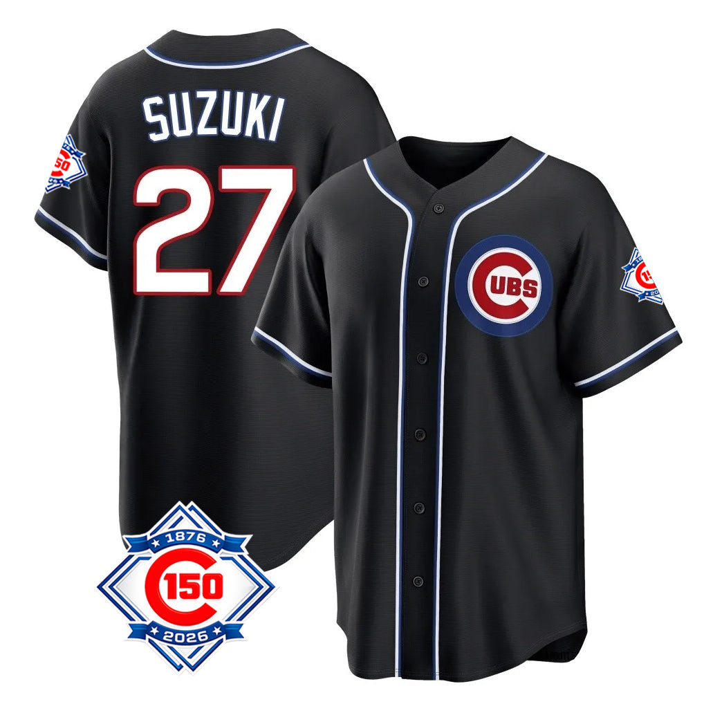 Choea C.Cubs #27 Seiya Suzuki Player Black Fashion Out 150th Anniversary Game Stitched Jerseys