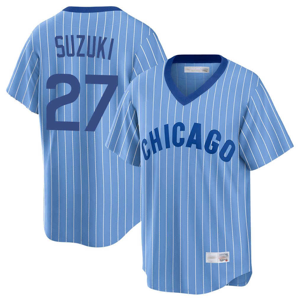 Choea C.Cubs #27 Seiya Suzuki Player Blue T-shirt Cooperstown Collection Limited Stitched Jerseys