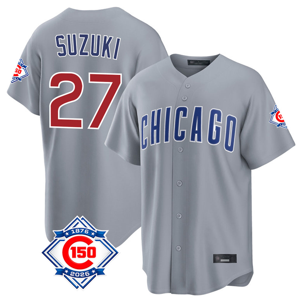 Choea C.Cubs #27 Seiya Suzuki Player Gray 150th Anniversary Home Game Stitched Jerseys
