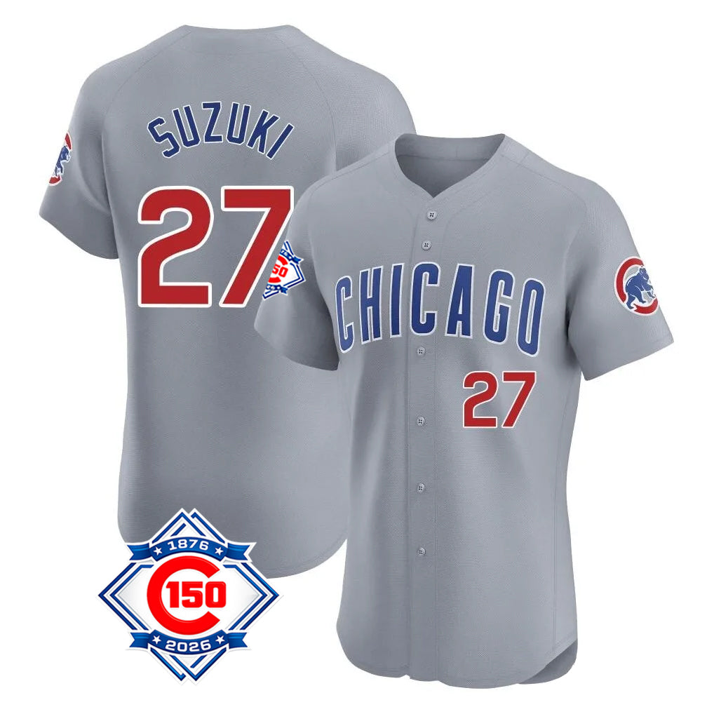 Choea C.Cubs #27 Seiya Suzuki Player Gray Road 150th Anniversary Limited Elite Home Stitched Jerseys