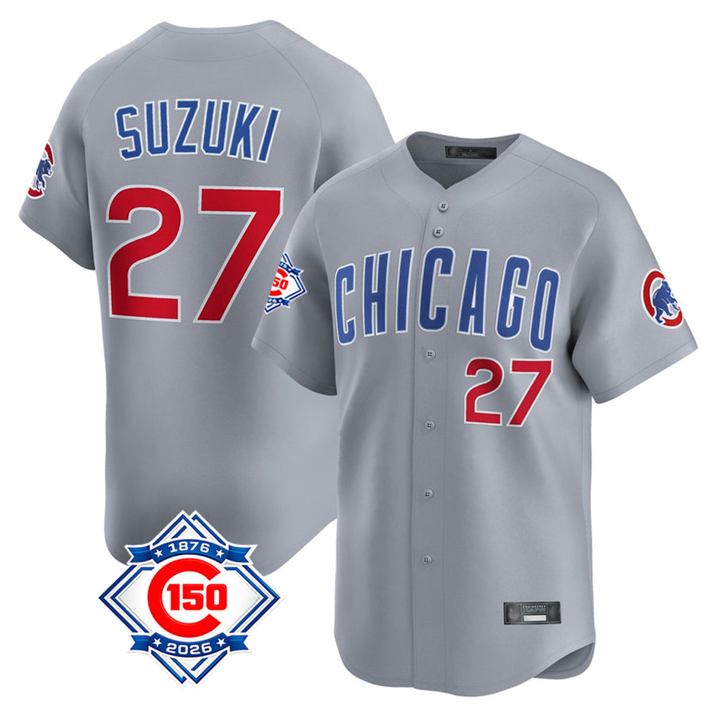 Choea C.Cubs #27 Seiya Suzuki Player Gray Road 150th Anniversary Limited Home Stitched Jerseys