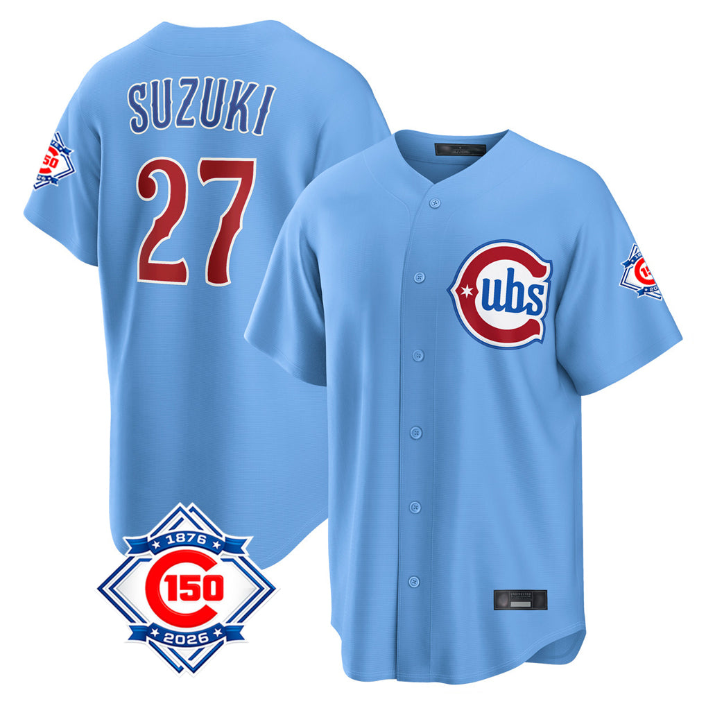 Choea C.Cubs #27 Seiya Suzuki Player Light Blue 150th Anniversary Home Game Stitched Jerseys