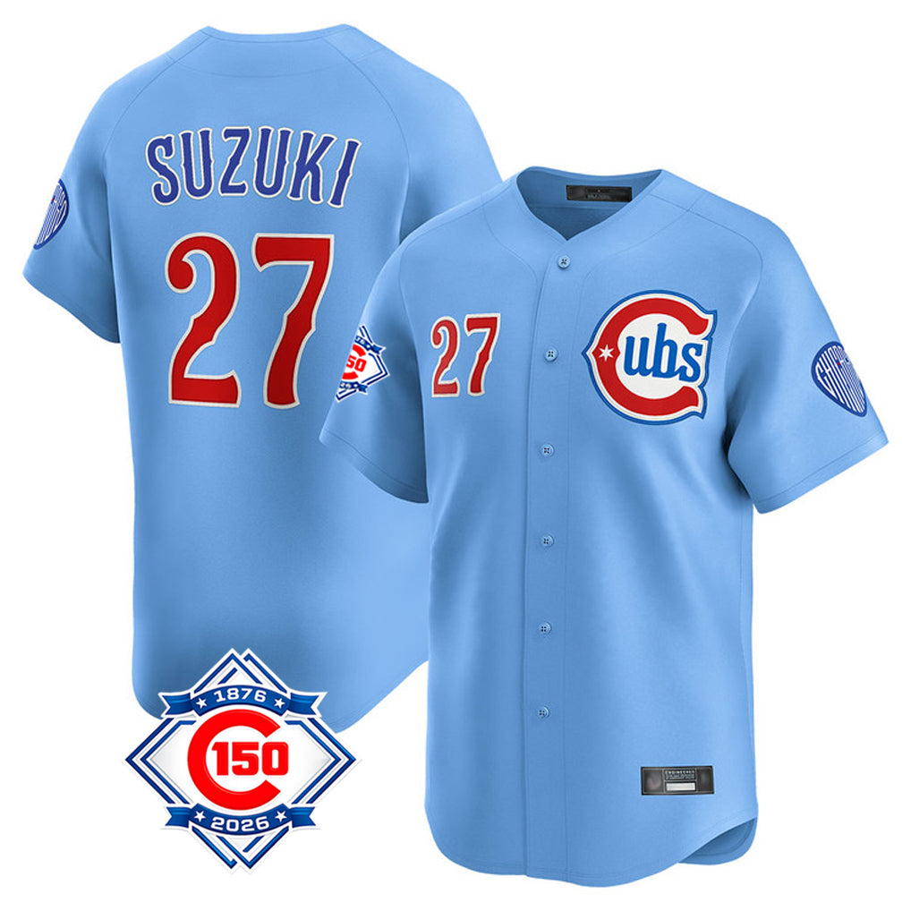 Choea C.Cubs #27 Seiya Suzuki Player Light Blue 150th Anniversary Limited Home Stitched Jerseys