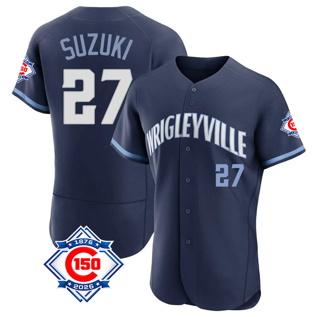 Choea C.Cubs #27 Seiya Suzuki Player Navy City Connect 150th Anniversary Limited Elite Home Stitched Jerseys