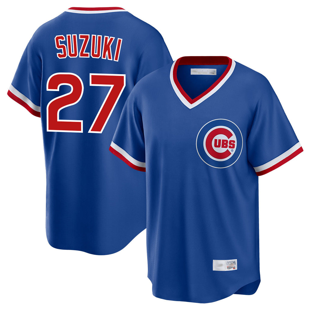 Choea C.Cubs #27 Seiya Suzuki Player Royal T-shirt Cooperstown Collection Limited Stitched Jerseys