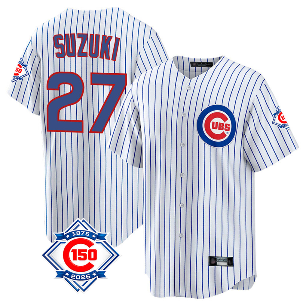 Choea C.Cubs #27 Seiya Suzuki Player White 150th Anniversary Home Game Stitched Jerseys