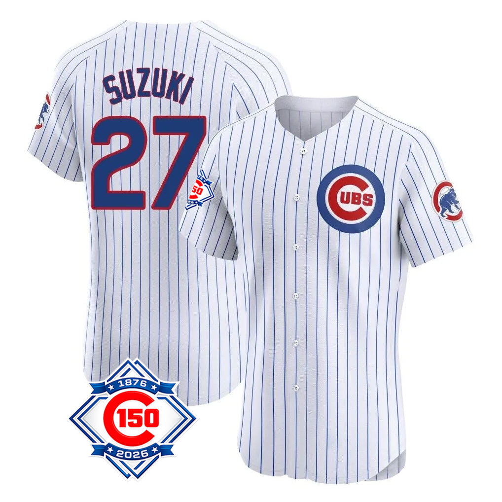 Choea C.Cubs #27 Seiya Suzuki Player White 150th Anniversary Limited Elite Home Game Stitched Jerseys