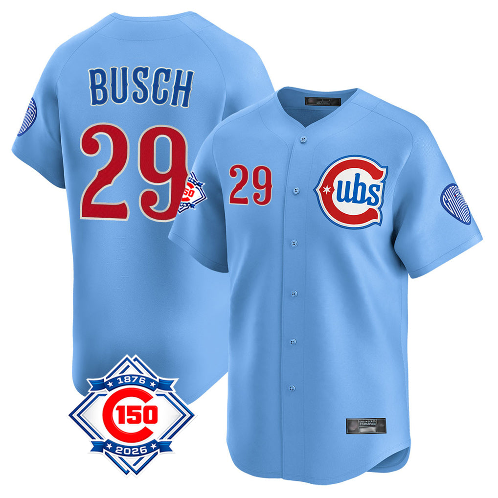 Choea C.Cubs #29 Michael Busch Player Light Blue 150th Anniversary Limited Home Stitched Jerseys