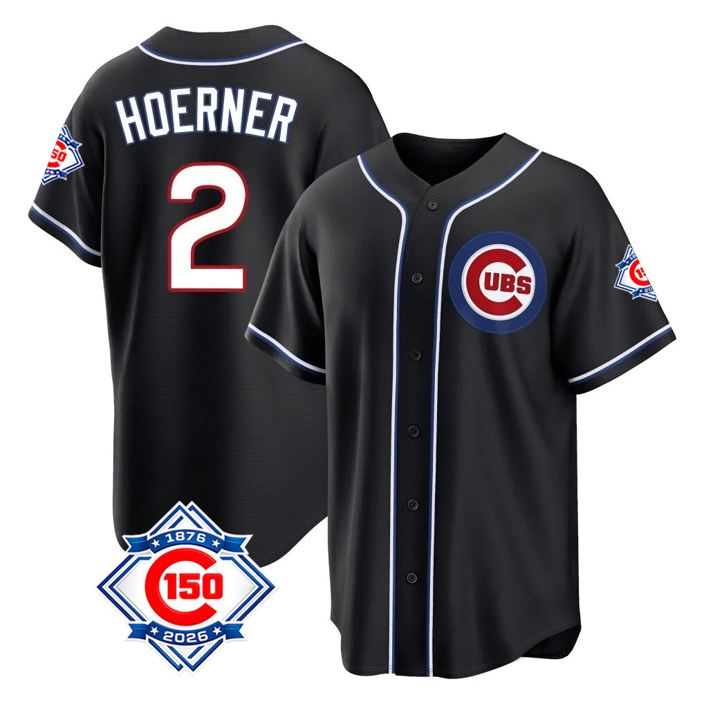 Choea C.Cubs #2 Nico Hoerner Player Black Fashion Out 150th Anniversary Game Stitched Jerseys