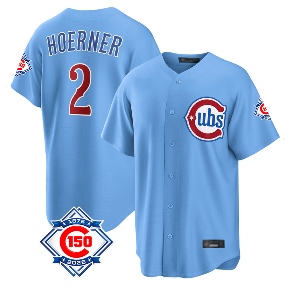 Choea C.Cubs #2 Nico Hoerner Player Light Blue 150th Anniversary Home Game Stitched Jerseys