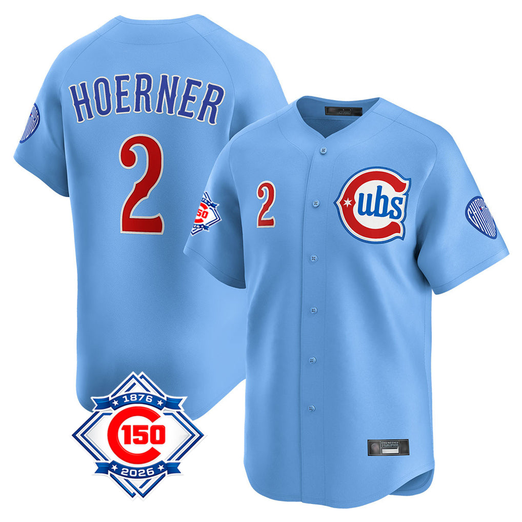 Choea C.Cubs #2 Nico Hoerner Player Light Blue 150th Anniversary Limited Home Stitched Jerseys