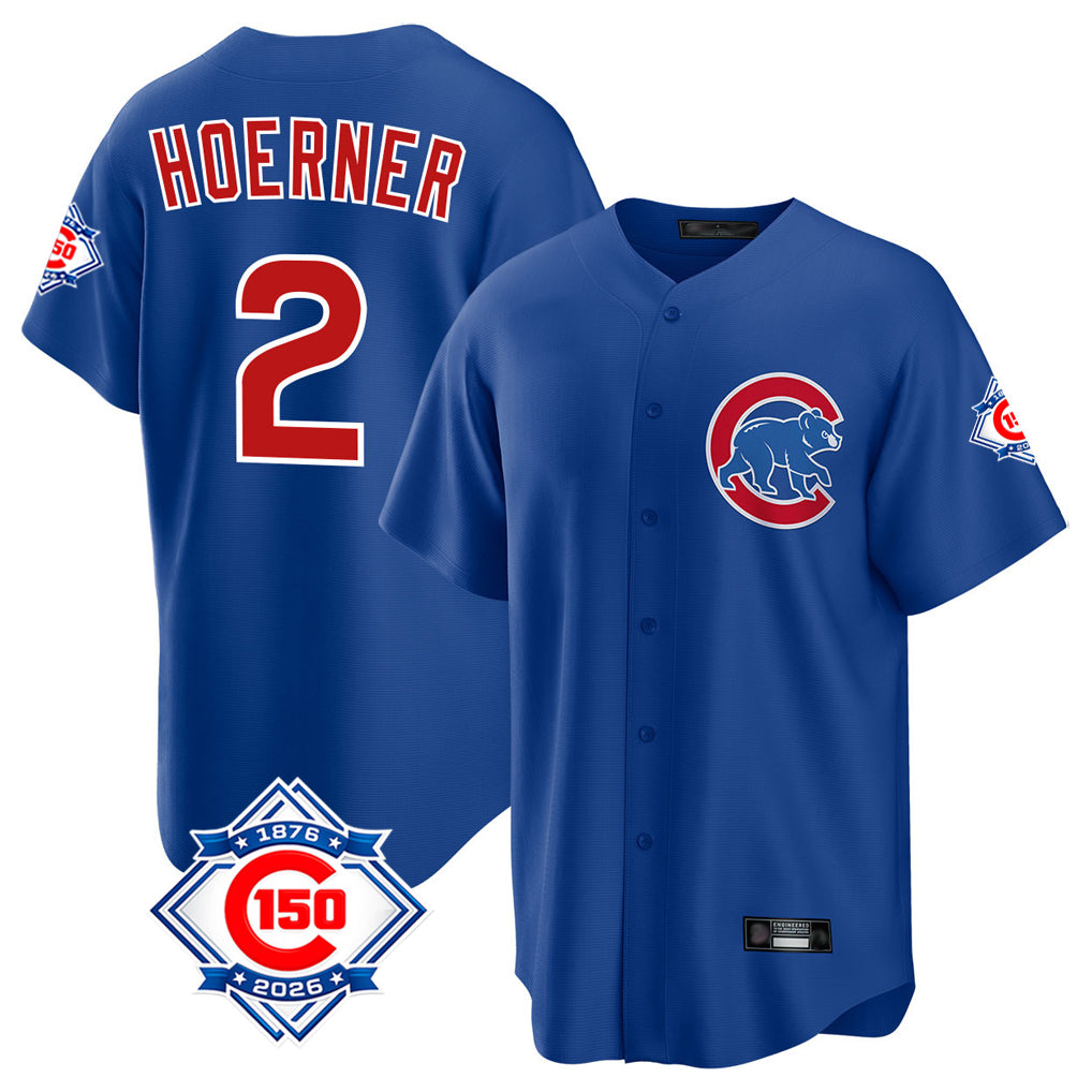 Choea C.Cubs #2 Nico Hoerner Player Royal 150th Anniversary Home Game Stitched Jerseys