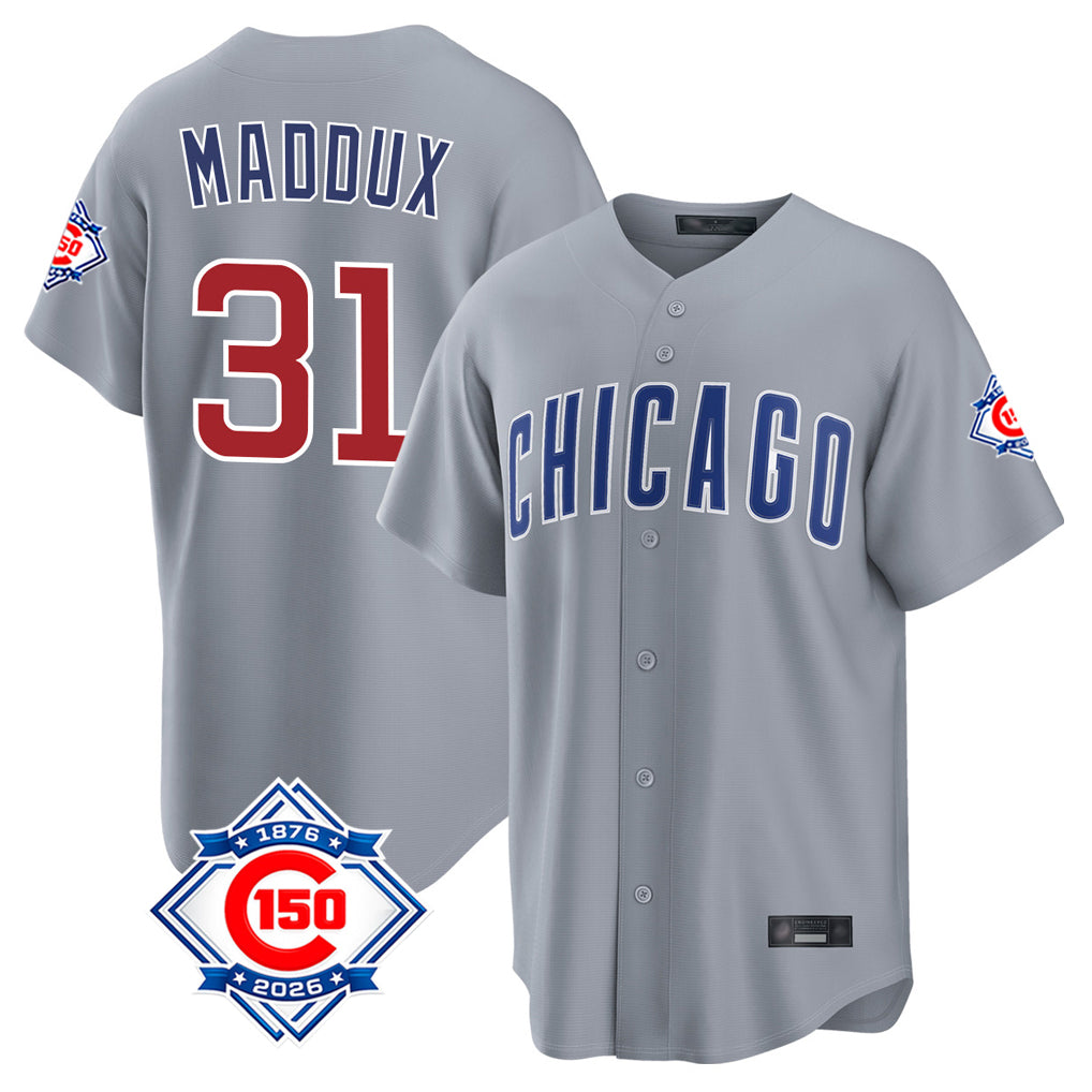 Choea C.Cubs #31 Greg Maddux Player Gray 150th Anniversary Home Game Stitched Jerseys