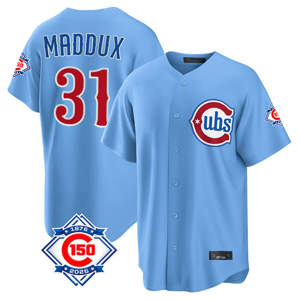 Choea C.Cubs #31 Greg Maddux Player Light Blue 150th Anniversary Home Game Stitched Jerseys