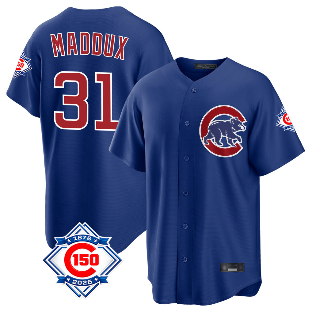 Choea C.Cubs #31 Greg Maddux Player Royal 150th Anniversary Home Game Stitched Jerseys