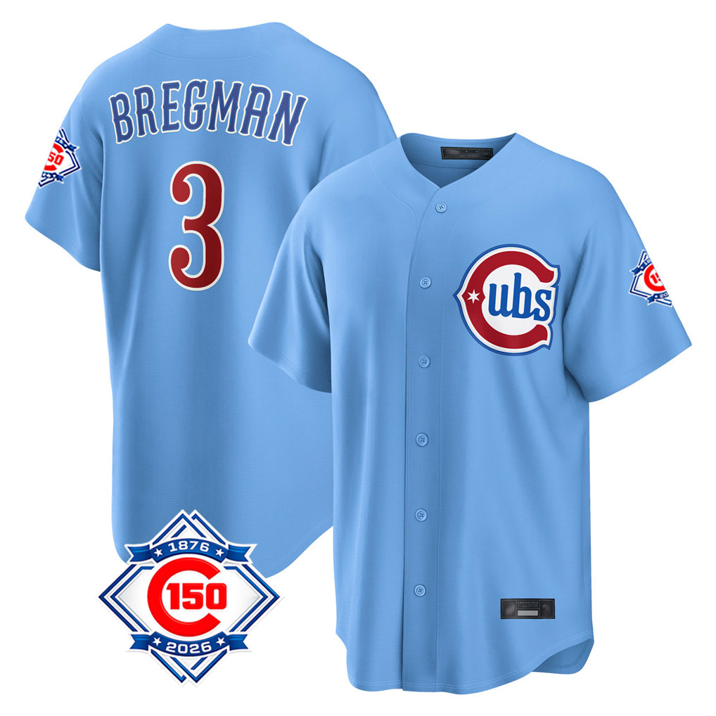 Choea C.Cubs #3 Alex Bregman Light Blue 150th Anniversary Home Game Stitched Jerseys