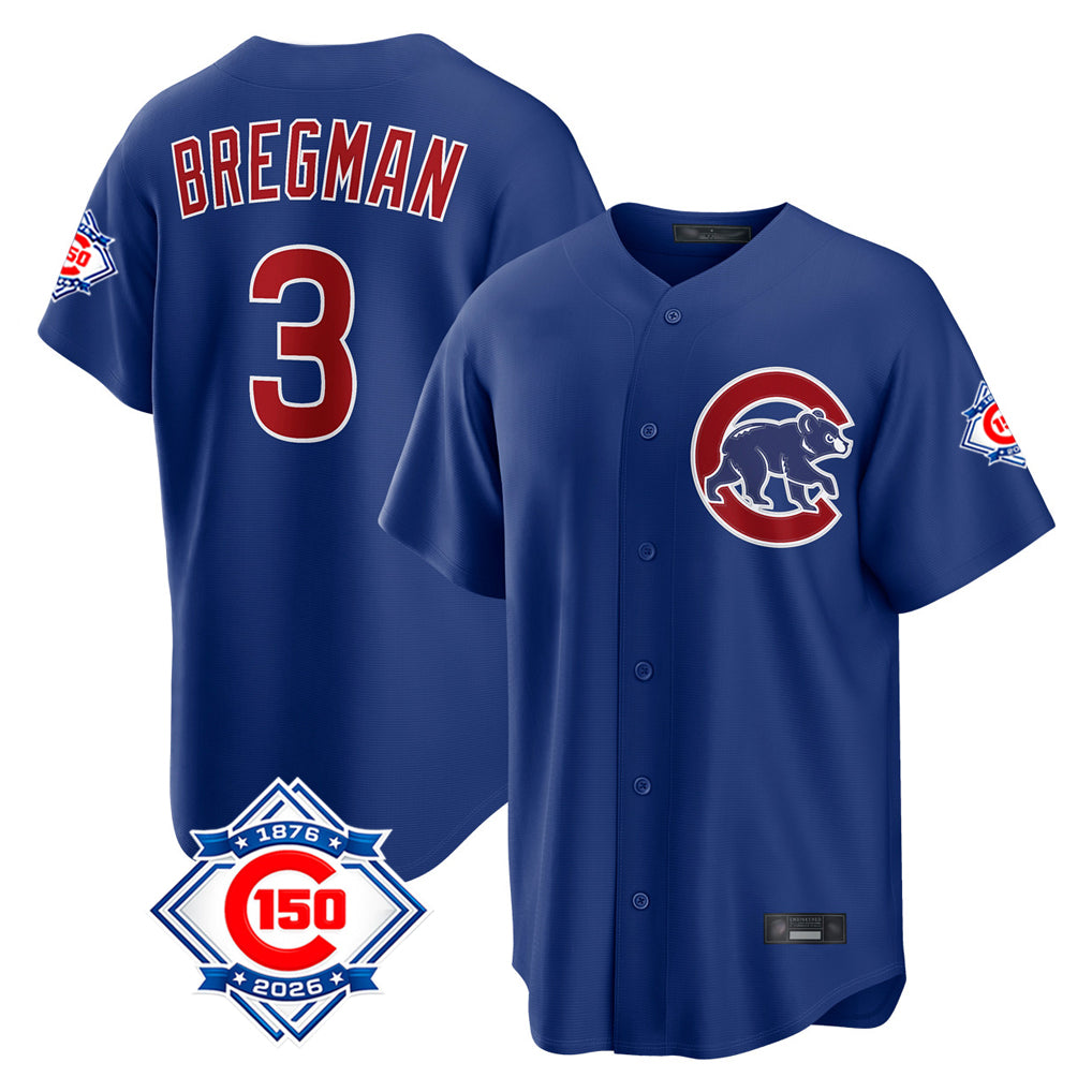 Choea C.Cubs #3 Alex Bregman Royal 150th Anniversary Home Game Stitched Jerseys