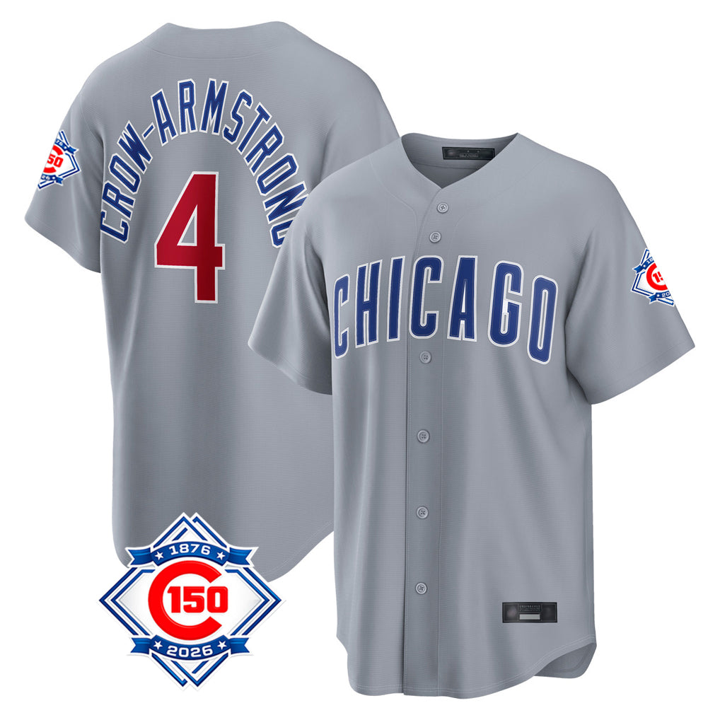 Choea C.Cubs #4 Pete Crow-Armstrong Player Gray 150th Anniversary Home Game Stitched Jerseys