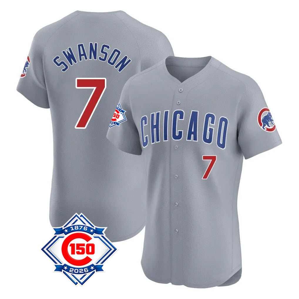 Choea C.Cubs #7 Dansby Swanson Player Gray Road 150th Anniversary Limited Elite Home Stitched Jerseys