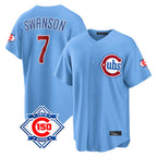 Choea C.Cubs #7 Dansby Swanson Player Light Blue 150th Anniversary Home Game Stitched Jerseys