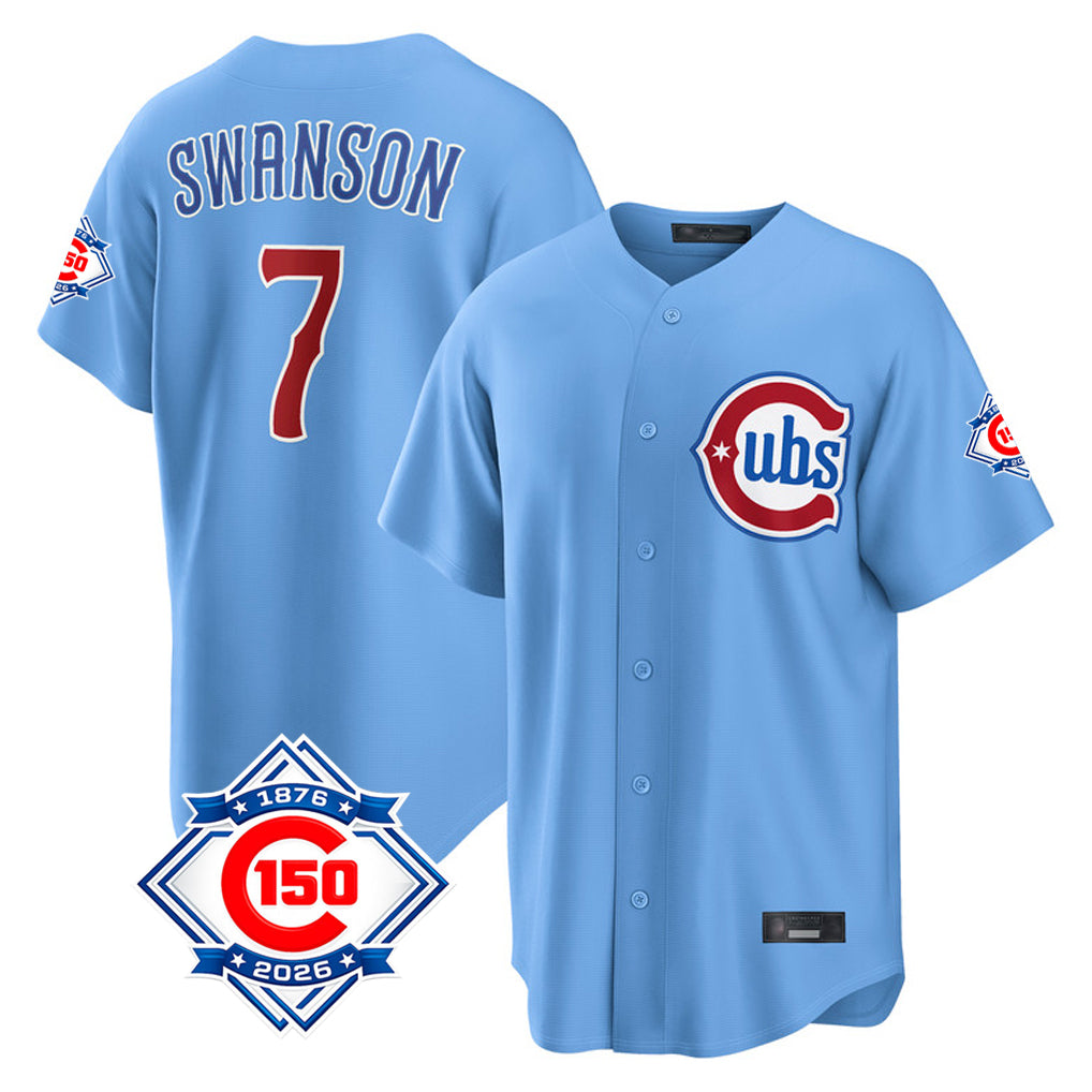 Choea C.Cubs #7 Dansby Swanson Player Light Blue 150th Anniversary Home Game Stitched Jerseys