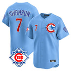 Choea C.Cubs #7 Dansby Swanson Player Light Blue 150th Anniversary Limited Home Stitched Jerseys