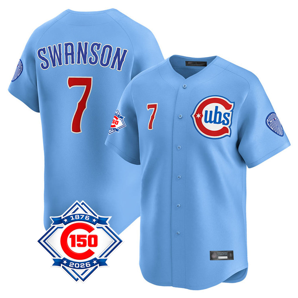 Choea C.Cubs #7 Dansby Swanson Player Light Blue 150th Anniversary Limited Home Stitched Jerseys