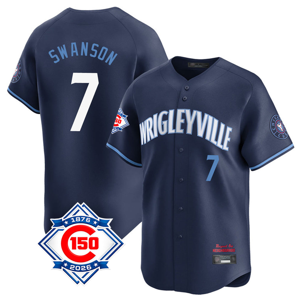 Choea C.Cubs #7 Dansby Swanson Player Navy City Connect 150th Anniversary Limited Home Stitched Jerseys