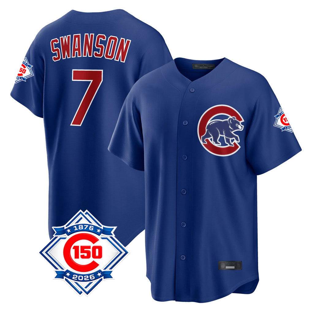 Choea C.Cubs #7 Dansby Swanson Player Royal 150th Anniversary Home Game Stitched Jerseys