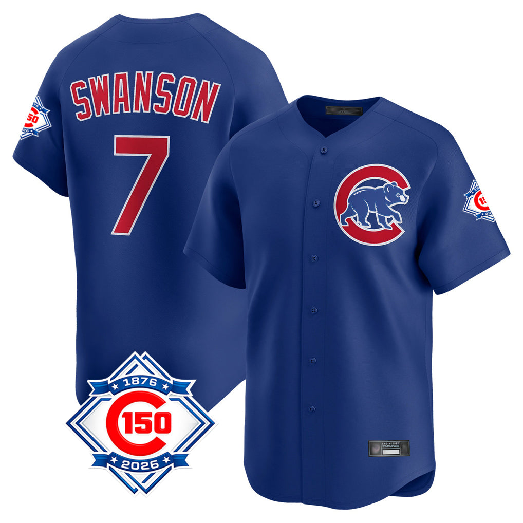 Choea C.Cubs #7 Dansby Swanson Player Royal 150th Anniversary Limited Home Stitched Jerseys