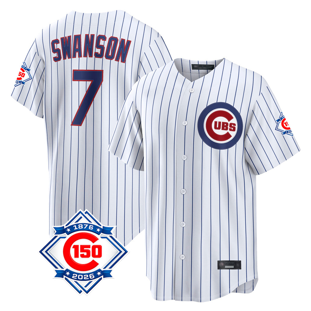 Choea C.Cubs #7 Dansby Swanson Player White 150th Anniversary Game Home Stitched Jerseys