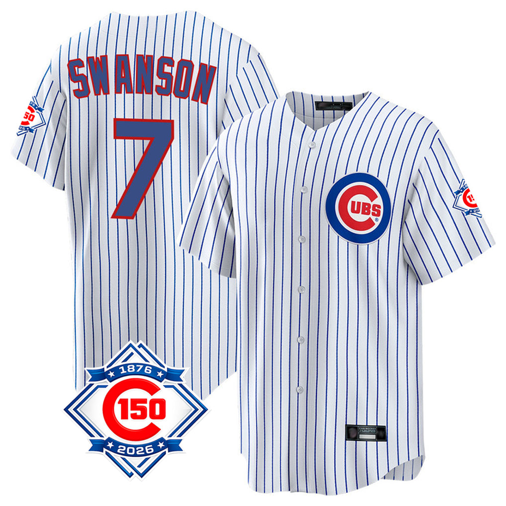 Choea C.Cubs #7 Dansby Swanson Player White 150th Anniversary Home Game Stitched Jerseys
