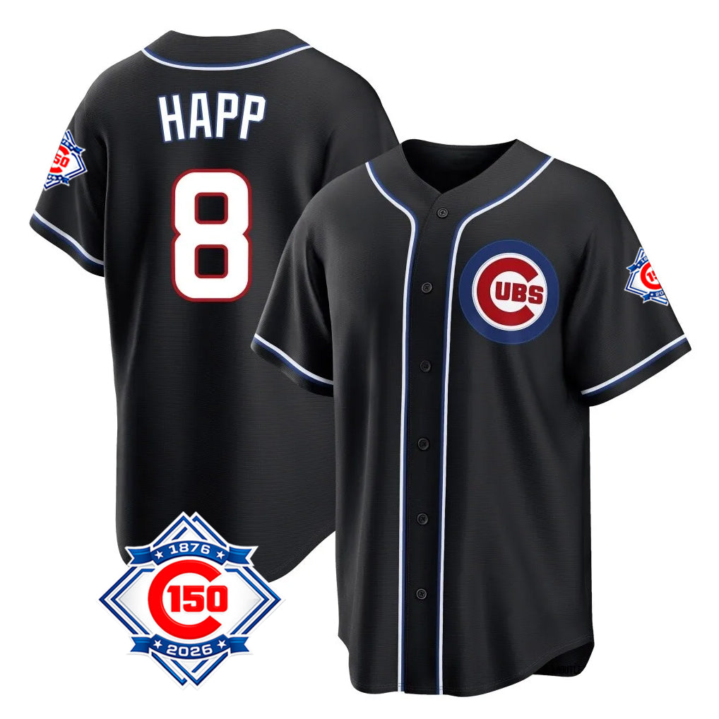 Choea C.Cubs #8 Ian Happ Player Black Fashion Out 150th Anniversary Game Stitched Jerseys