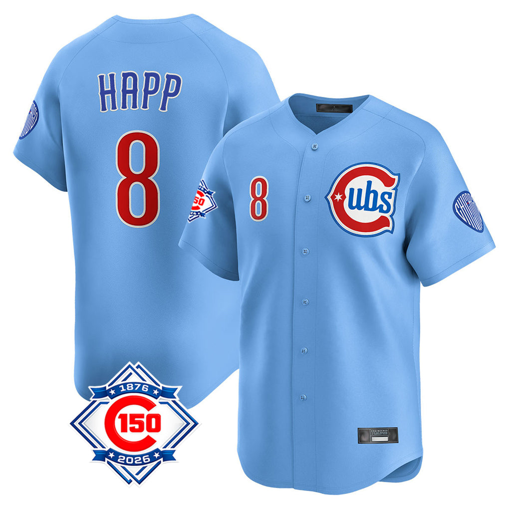 Choea C.Cubs #8 Ian Happ Player Light Blue 150th Anniversary Limited Home Stitched Jerseys