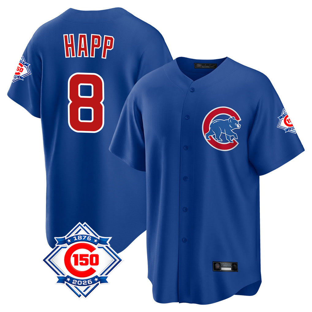 Choea C.Cubs #8 Ian Happ Player Royal 150th Anniversary Home Game Stitched Jerseys