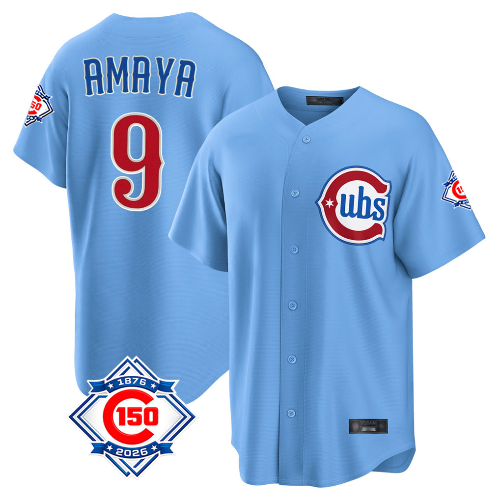 Choea C.Cubs #9 Miguel Amaya Player Light Blue 150th Anniversary Home Game Stitched Jerseys