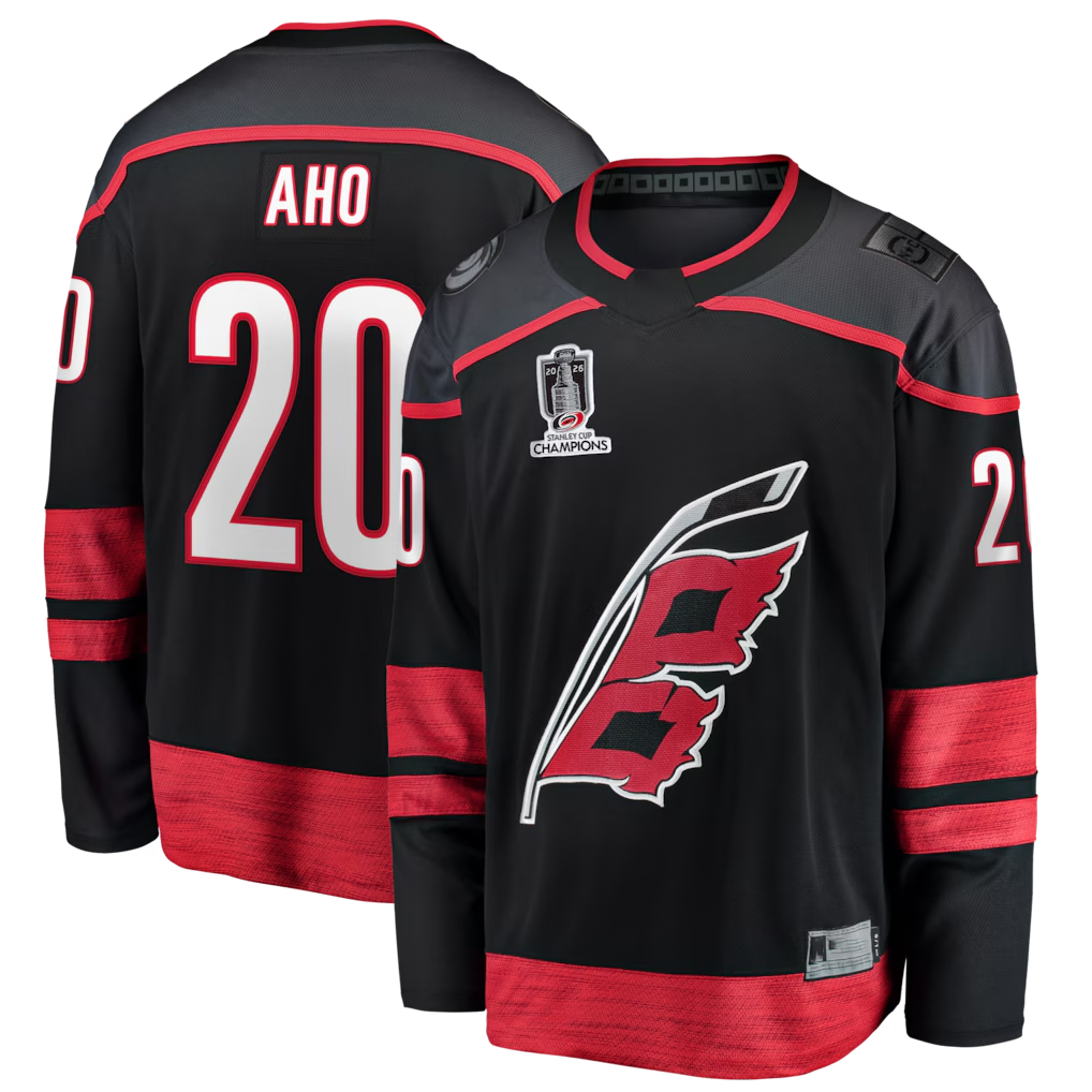 Choea C.Hurricanes #20 Sebastian Aho Black 2026 Stanley Cup Champions Home Breakaway Stitched Jerseys