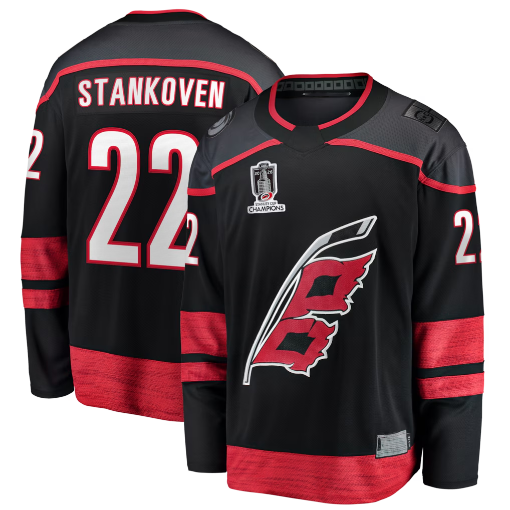 Choea C.Hurricanes #22 Logan Stankoven Black 2026 Stanley Cup Champions Home Breakaway Stitched Jerseys