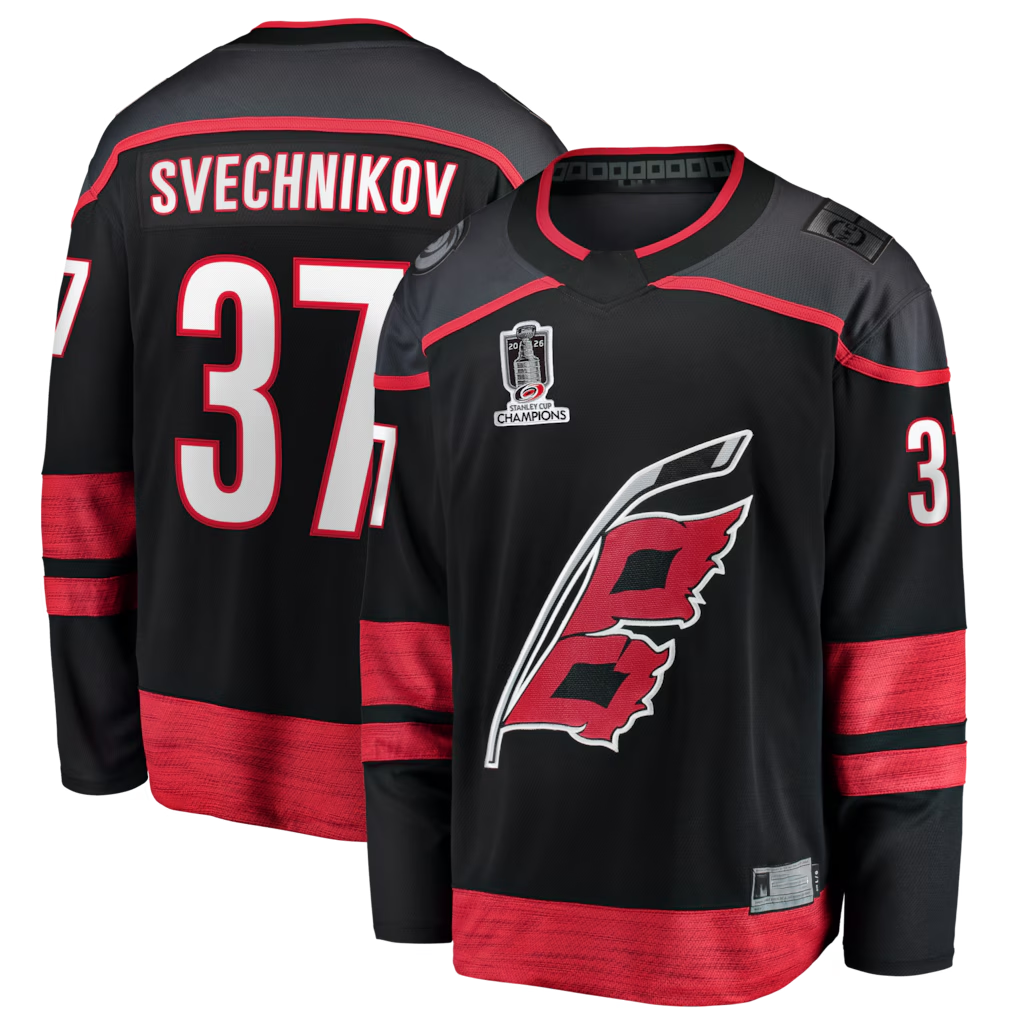 Choea C.Hurricanes #37 Andrei Svechnikov Black 2026 Stanley Cup Champions Home Breakaway Stitched Jerseys