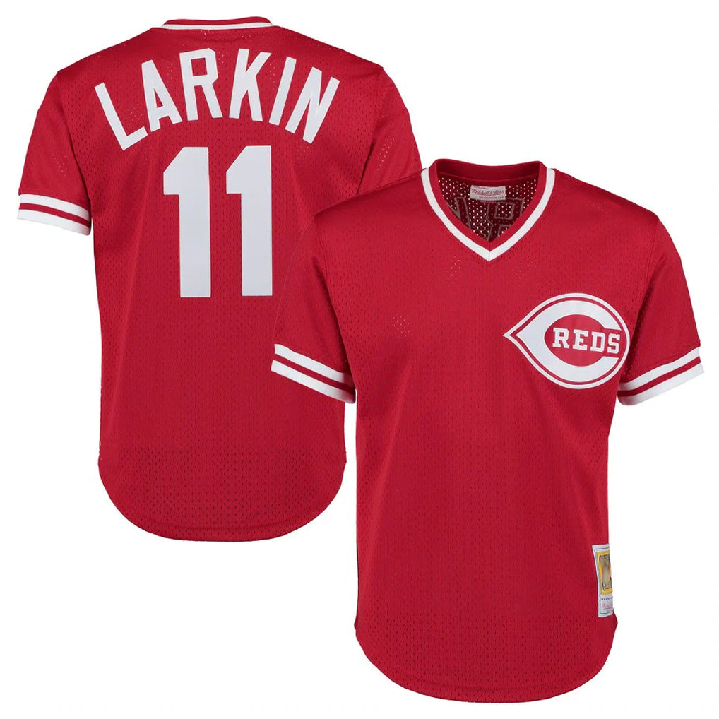 Choea C.Reds #11 Barry Larkin Player Mitchell & Ness Red Throwback Cooperstown Mesh T-shirt Game Stitched Jerseys