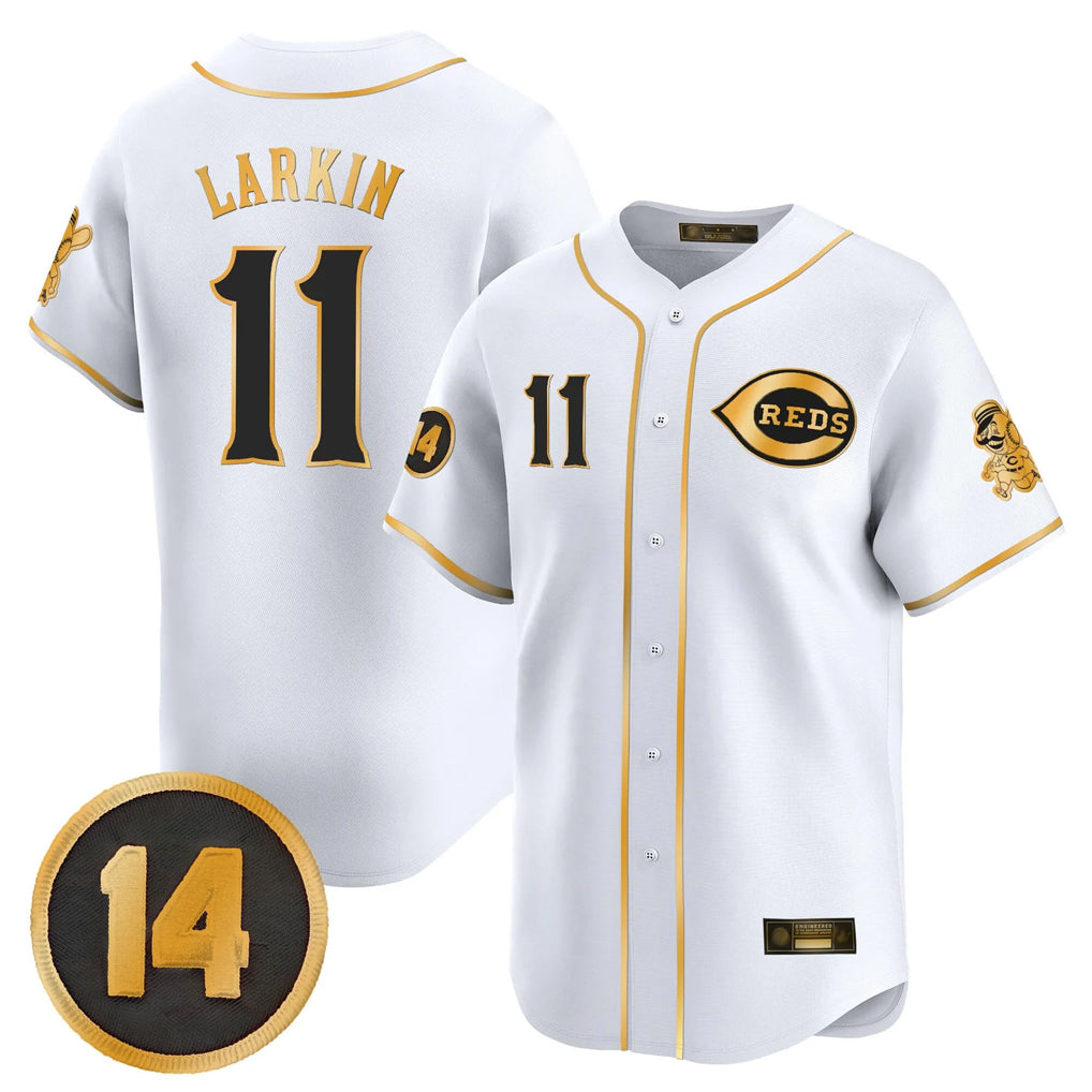 Choea C.Reds #11 Barry Larkin Player White-Gold Vapor Premier Limited Home Stitched Jerseys