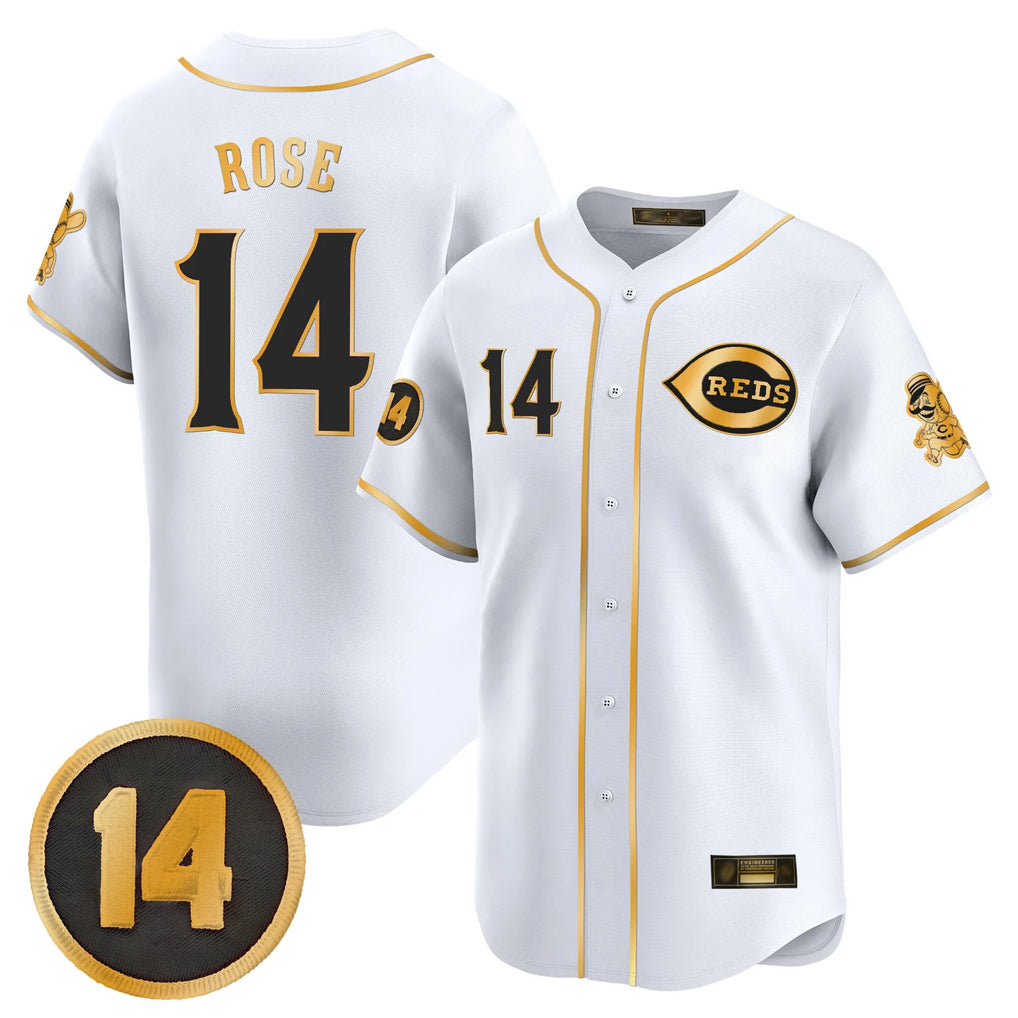 Choea C.Reds #14 Pete Rose Player White-Gold Vapor Premier Limited Home Stitched Jerseys