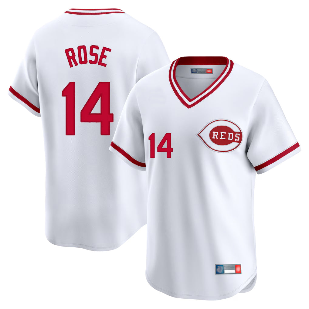 Choea C.Reds #14 Pete Rose Player White Cooperstown Collection Limited T-shirt Home Stitched Jerseys