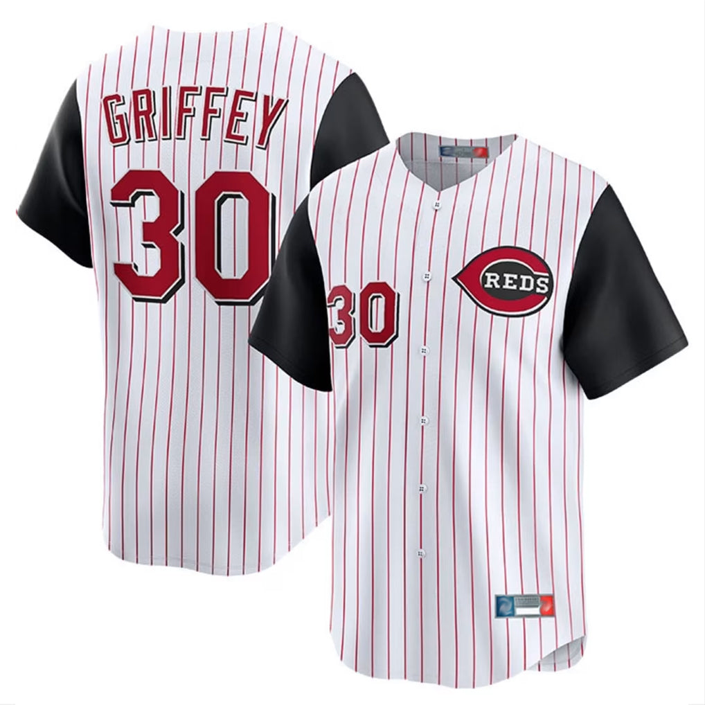 Choea C.Reds #30 Ken Griffey Player White Black Stripe Field of Dreams Game Home Stitched Jerseys